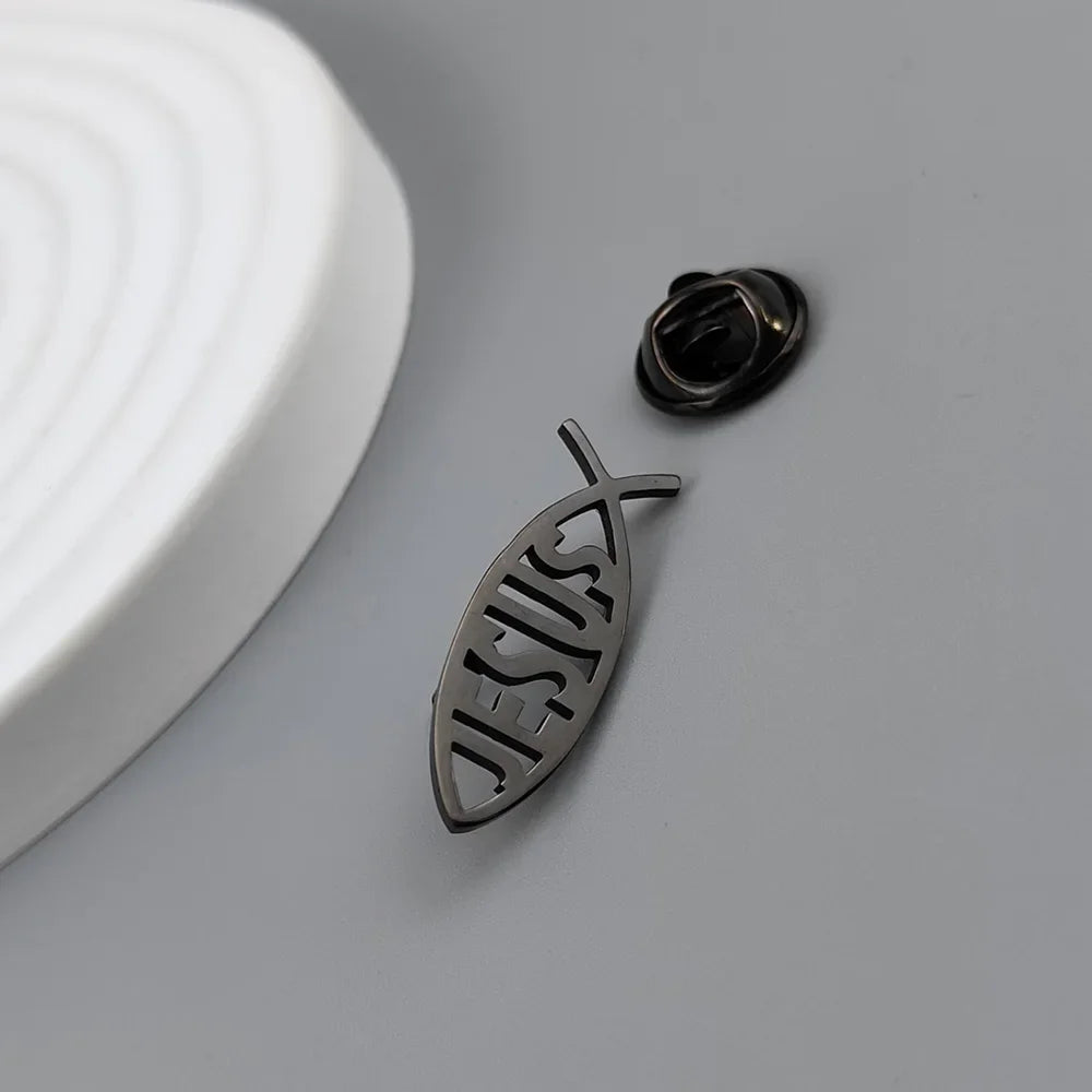Stainless Steel Jesus Letter Fish Brooch Men's Shirt Suit Badge Pins Fashion Jewelry Accessories Religious Christian Gift