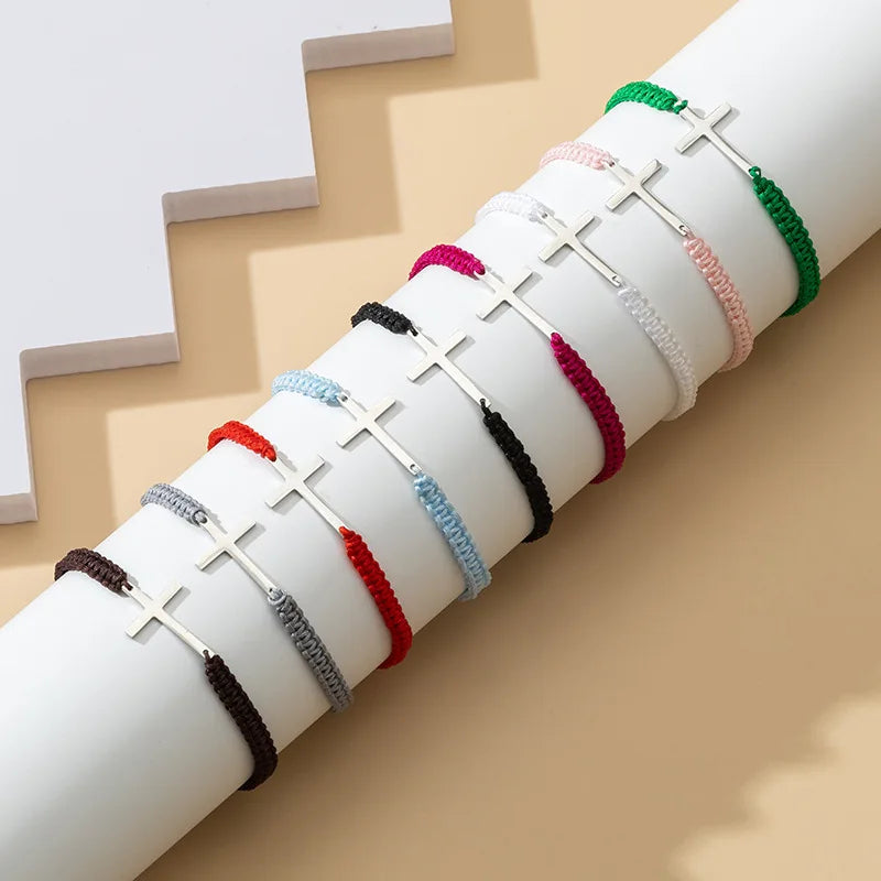 Simple Cross Black White Braided Rope Couple Bracelets Silver Color Adjustable Bracelet Christian Jewelry