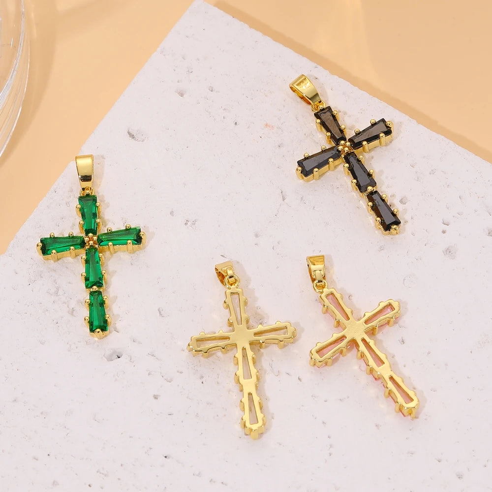 18K Real Gold Plated Enamel Cubic Zirconia Christian Cross Charms For DIY Religious Christmas Pendant Rosary Jewelry Making