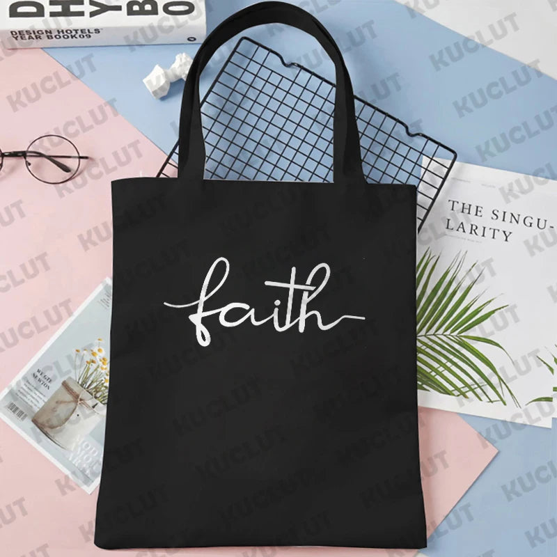 Faith Print Shopping Bag Tote Handbag Shopper Recycle Bag Reusable Tote Jesus Fashion Casual Handbag Purse Travel Beach Totes