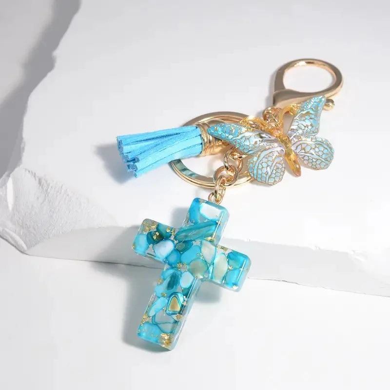 Cross Butterfly Keychain Christian Cute Resin Key Chain Ring Purse Bag Backpack Charm Car Ornament Earbud Case Accessories Gift