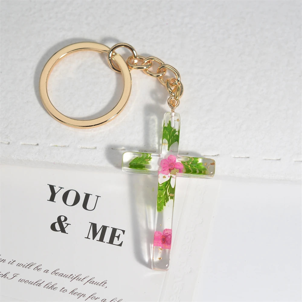 Colorful Sequin Filled Resin Cross Keychain Exquisite Butterfly Pendant Keyring for Women Handbag Accessories Christianity Gift