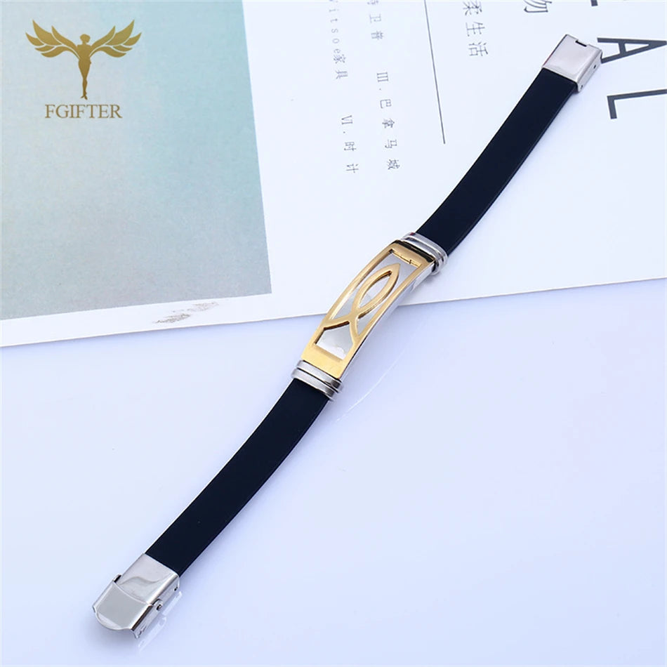Christian Jesus Fish Cross Bracelet Ichthys Ichtus Symbol Stainless Steel Accessories Silicone Wristband Washable Summer Jewelry