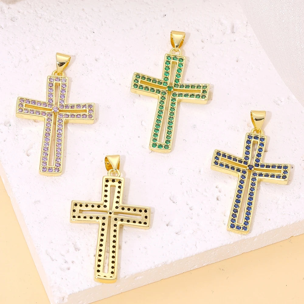 18K Real Gold Plated Enamel Cubic Zirconia Christian Cross Charms For DIY Religious Christmas Pendant Rosary Jewelry Making