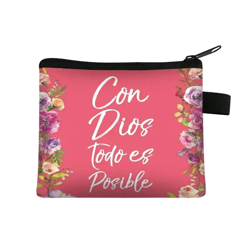 Christian Gift Bible Verse Wallet  Women Coin Purse Con Dios Todo Es Posible Money Bag Small Handbag Floral Purses