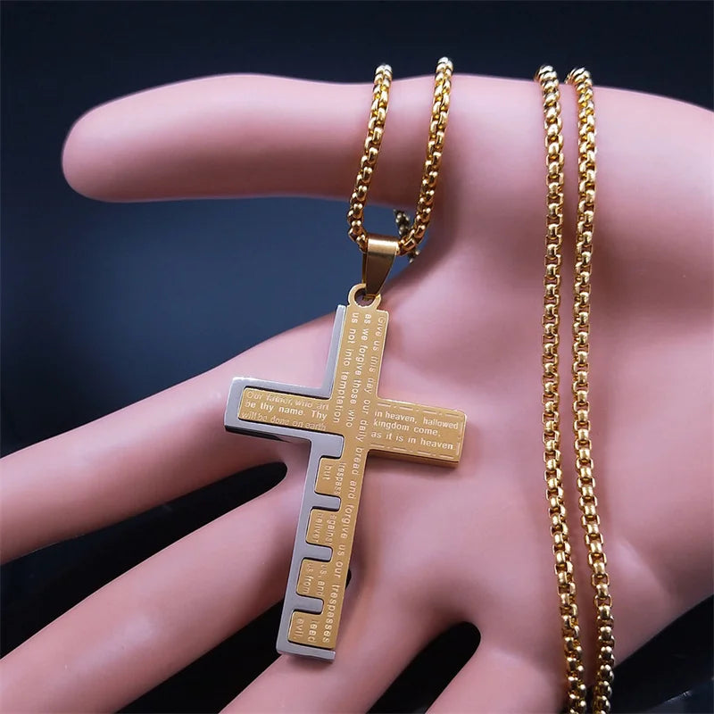 Cross Christian Church Prayer Necklace Men Stainless Steel Gold Color Bible Amulet Necklaces Jewelry
