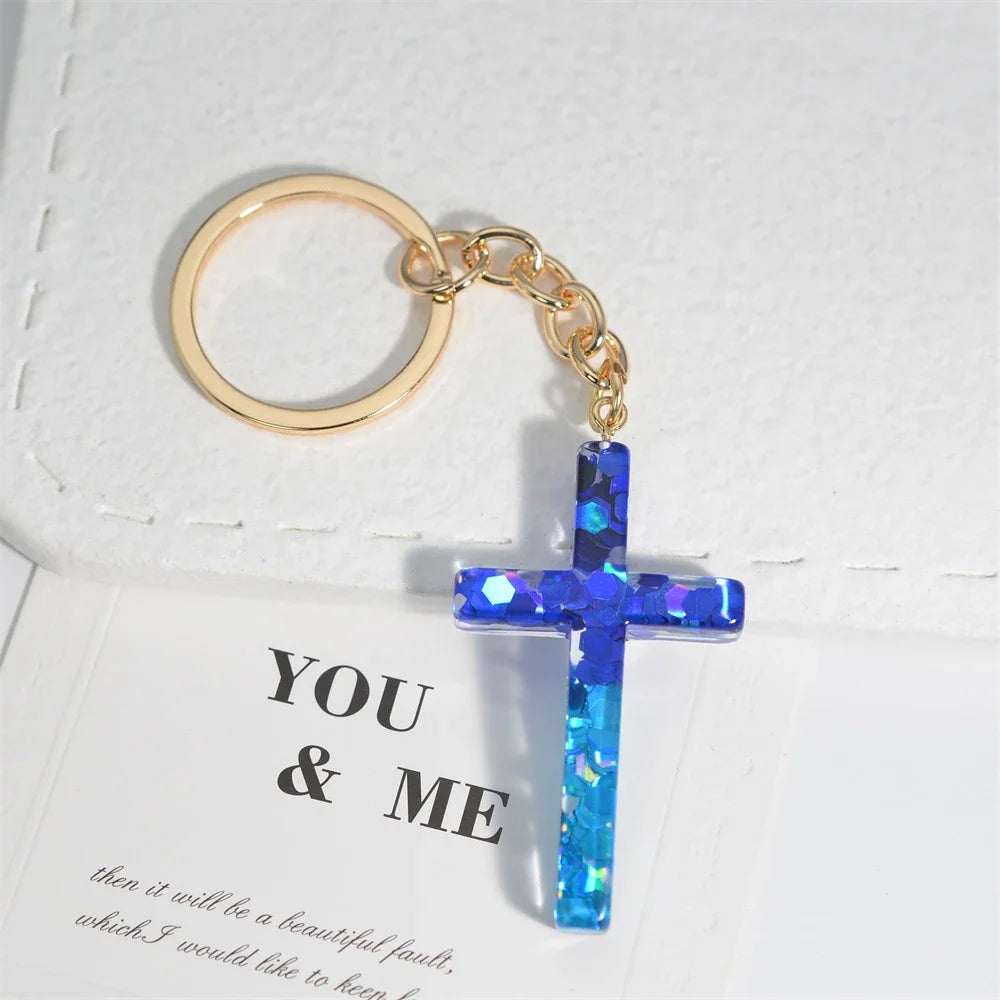 Fashion Multicolor Acrylic Cross Keychain Dry Flower Star Fill Resin Keyring for Women Men Car Bag Phone Pendant Christian Gifts