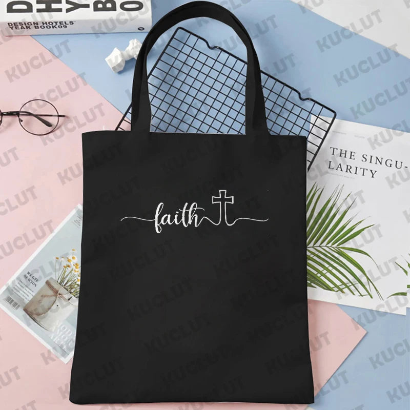 Faith Print Shopping Bag Tote Handbag Shopper Recycle Bag Reusable Tote Jesus Fashion Casual Handbag Purse Travel Beach Totes