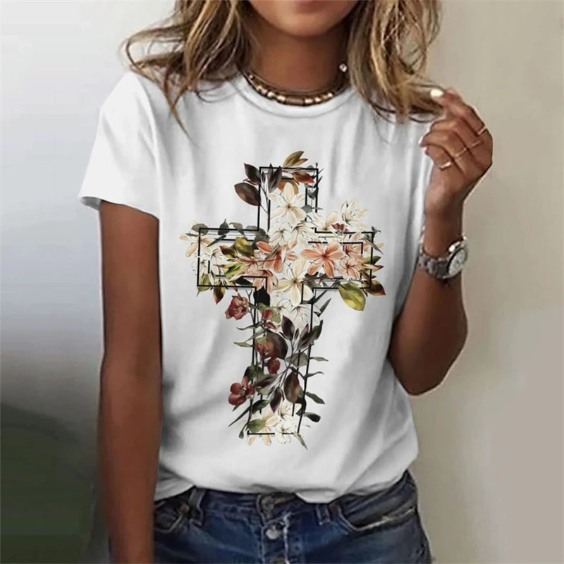 Fashion Jesus Cross Pattern Women T-shirt Trend Summer Short Sleeve 3D Printed Christian T Shirt Casual Streetwear Oversized Tee