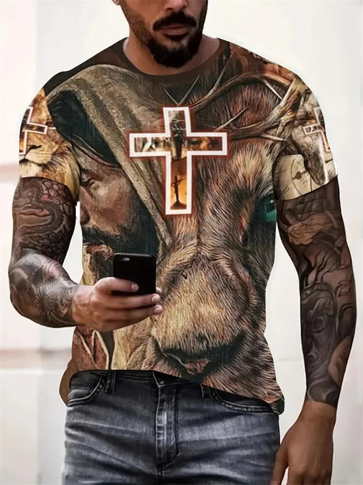 Cross Warrior With Lion Print Fashion Comfort Men's T-shirt Outdoor Street Trend Fashion Men's Top Jesus Print Men's Y2K Top