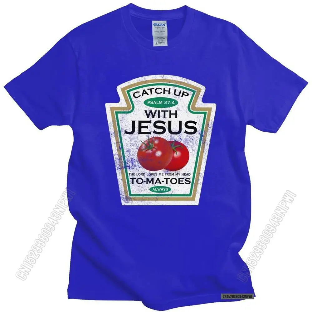 Funny Catch Up With Jesus T Shirt Men Vintage Vegan Tomato T-Shirt Christian Gift Veganism O-Neck Cotton Tee Merchandise