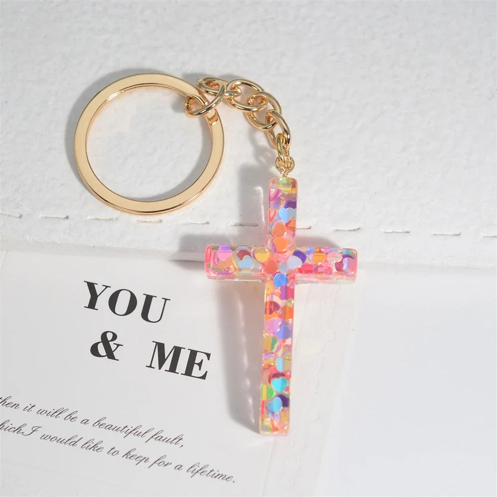 Fashion Multicolor Acrylic Cross Keychain Dry Flower Star Fill Resin Keyring for Women Men Car Bag Phone Pendant Christian Gifts