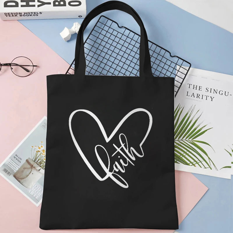 Faith Print Shopping Bag Tote Handbag Shopper Recycle Bag Reusable Tote Jesus Fashion Casual Handbag Purse Travel Beach Totes