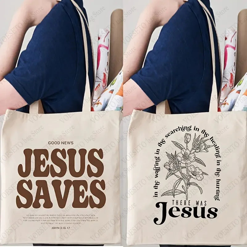 Good News Jesus Saves Pattern Canvas Shoulder Tote Bags Casual Shopping Tote Christ Religion Christian Faith Shopper HandBag