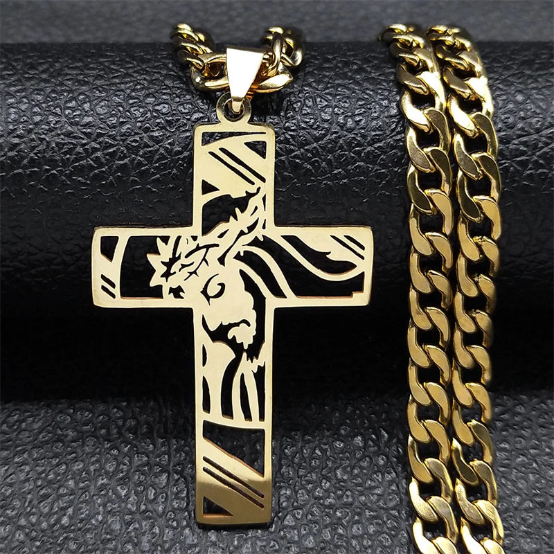 Crown of Thorns Jesus Cross Necklace for Men Stainless Steel Gold Plated Crucifix Pendant Necklaces Jewelry N8052