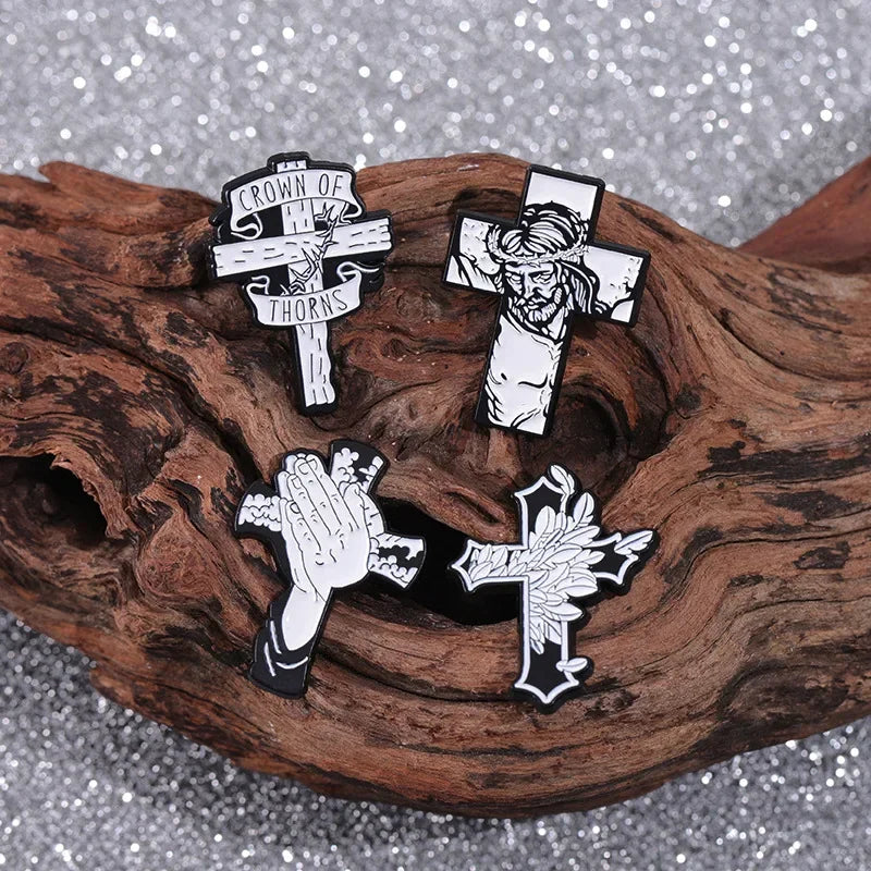 Christian Cross Enamel Pins Jesus Crown Of Thorns Brooches Backpack Clothes Shirt Lapel Badges Punk Gothic Bags Pin Accessories