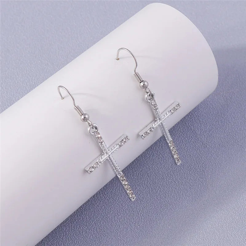 Fashion Zircon Crystal Cross Earrings for Women Men Gothic Punk Hip Hop Jesus Crucifix Dangle Earring Christian Party Jewelry
