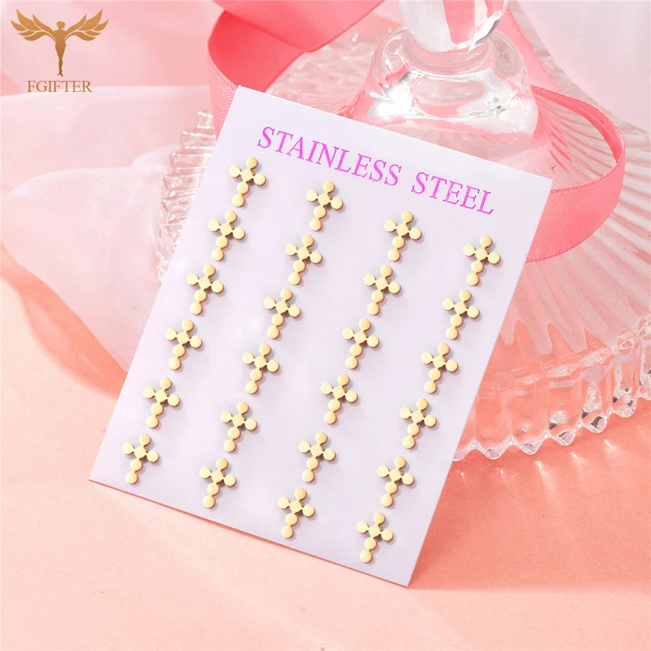 12 Pairs Pack Stainless Steel Earrings Set Cross Jesus Ear Studs Piercing Jewelry Wholesale Christian Catholicism Accessories