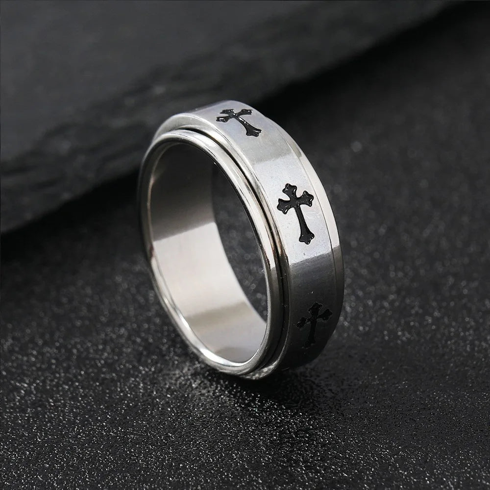 Rotatable Metal Cross Ring For Men Women Silver Color Stainless Steel Ring Punk Gothic Simple Accessories Christian Jewelry Gift