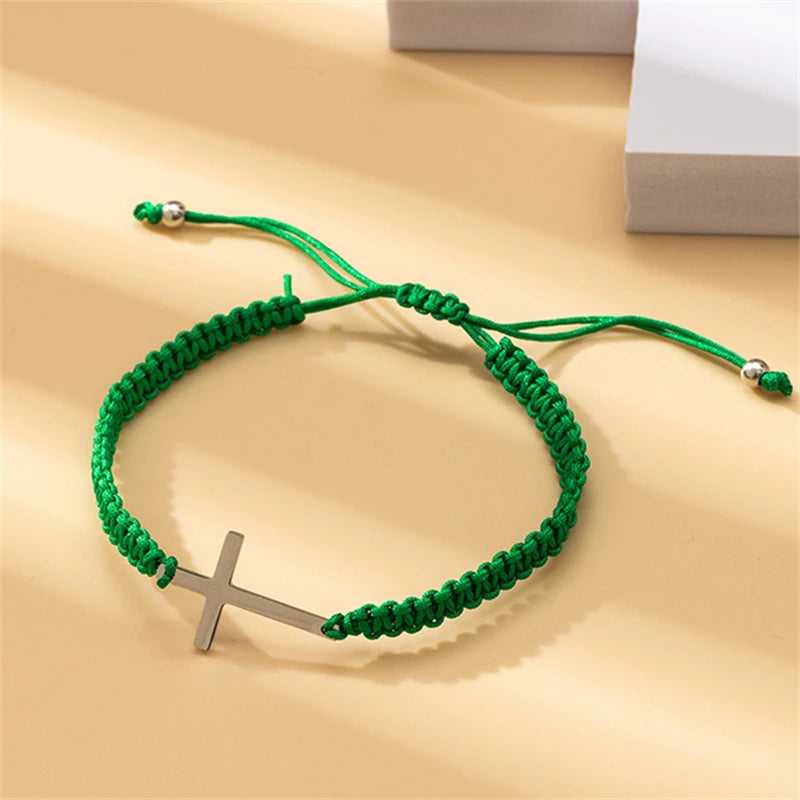 Simple Cross Black White Braided Rope Couple Bracelets Silver Color Adjustable Bracelet Christian Jewelry