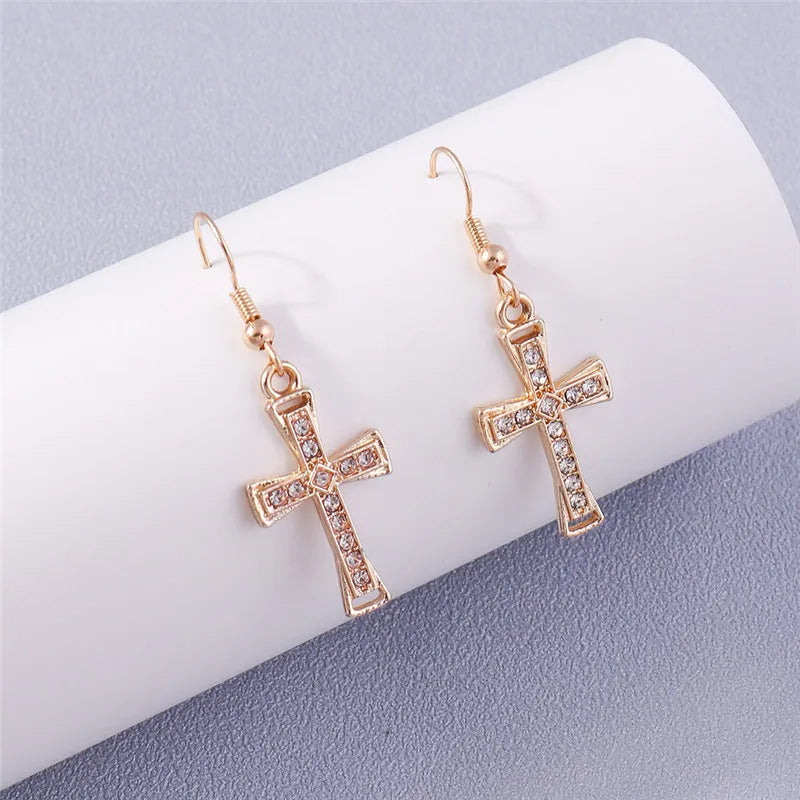 Fashion Zircon Crystal Cross Earrings for Women Men Gothic Punk Hip Hop Jesus Crucifix Dangle Earring Christian Party Jewelry