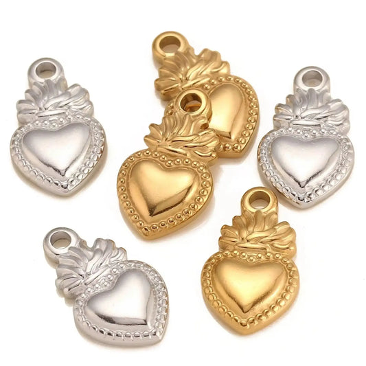 3Pc/Lot Christian Amulet Pendants Stainless Steel Sacred Heart Charms Flame Love Heart DIY Necklace Earring Jewelry Accessories