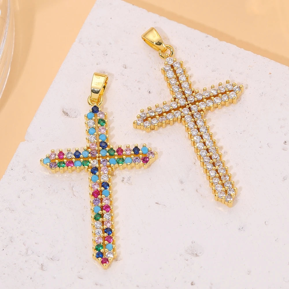 18K Real Gold Plated Enamel Cubic Zirconia Christian Cross Charms For DIY Religious Christmas Pendant Rosary Jewelry Making