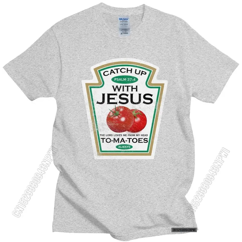 Funny Catch Up With Jesus T Shirt Men Vintage Vegan Tomato T-Shirt Christian Gift Veganism O-Neck Cotton Tee Merchandise
