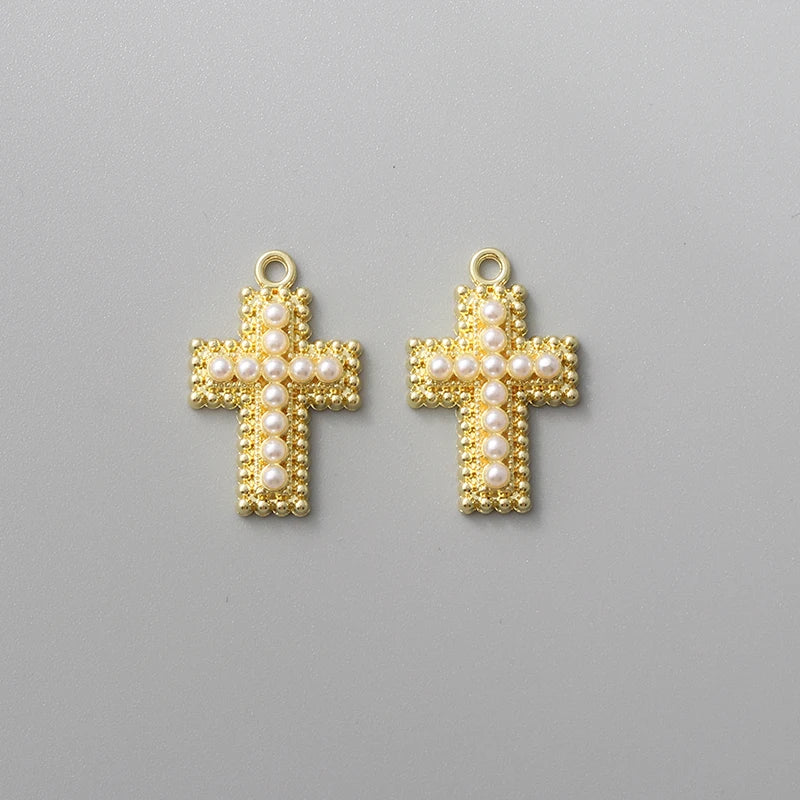 10pcs Fashion Pearl Cross Enamel Charms Gold Color Earring Pendants For Bracelet Necklace Accessories Metal Findings DIY Jewelry