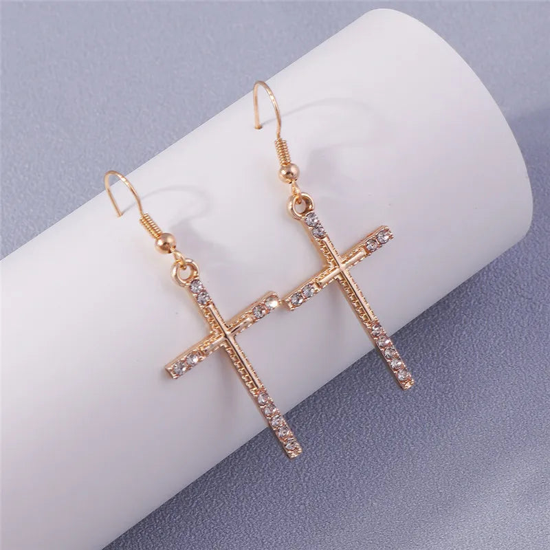 Fashion Zircon Crystal Cross Earrings for Women Men Gothic Punk Hip Hop Jesus Crucifix Dangle Earring Christian Party Jewelry