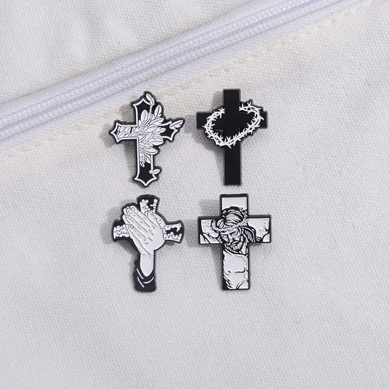 Christian Cross Enamel Pins Jesus Crown Of Thorns Brooches Backpack Clothes Shirt Lapel Badges Punk Gothic Bags Pin Accessories