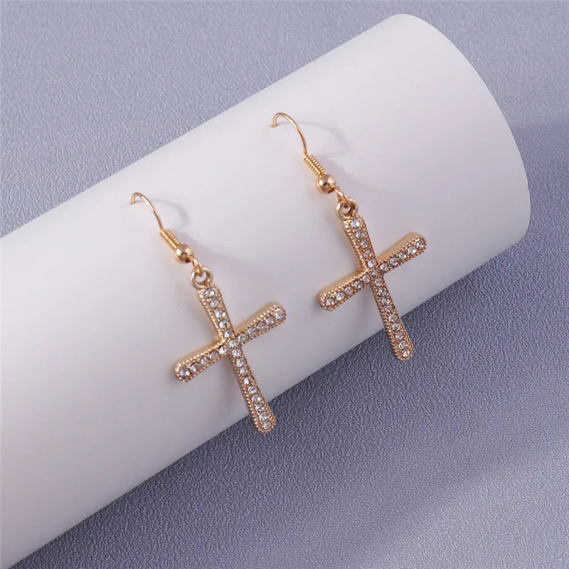 Fashion Zircon Crystal Cross Earrings for Women Men Gothic Punk Hip Hop Jesus Crucifix Dangle Earring Christian Party Jewelry
