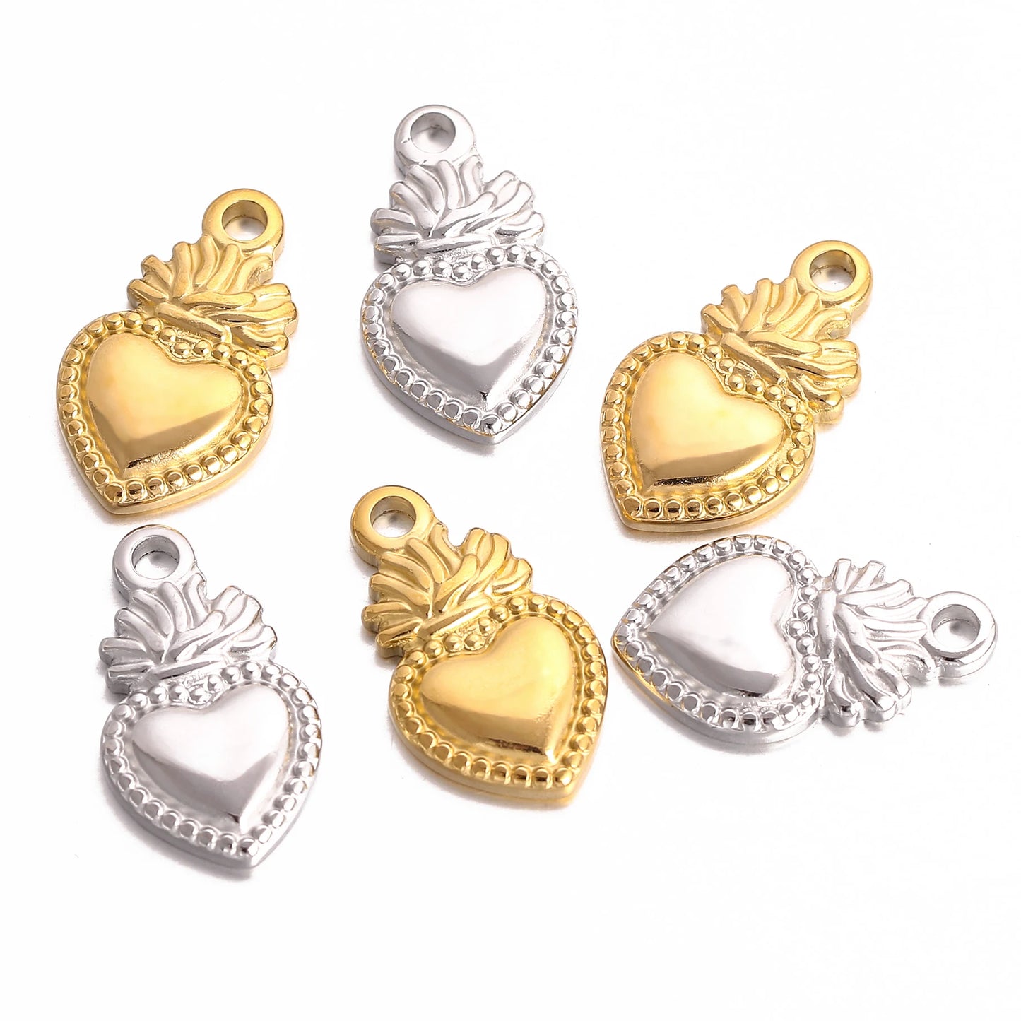 3Pc/Lot Christian Amulet Pendants Stainless Steel Sacred Heart Charms Flame Love Heart DIY Necklace Earring Jewelry Accessories