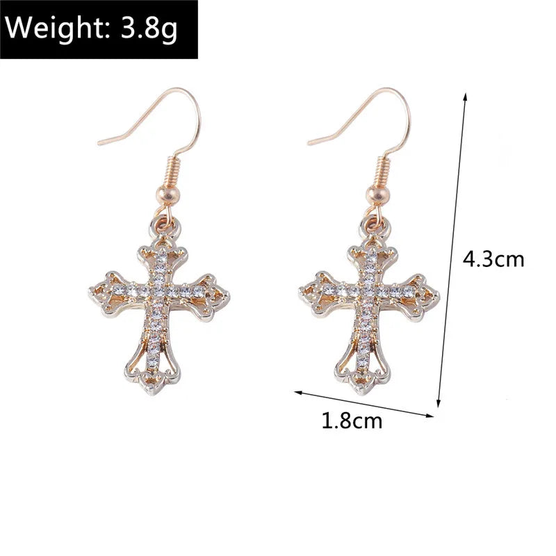 Fashion Zircon Crystal Cross Earrings for Women Men Gothic Punk Hip Hop Jesus Crucifix Dangle Earring Christian Party Jewelry