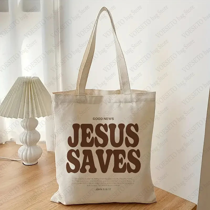 Good News Jesus Saves Pattern Canvas Shoulder Tote Bags Casual Shopping Tote Christ Religion Christian Faith Shopper HandBag