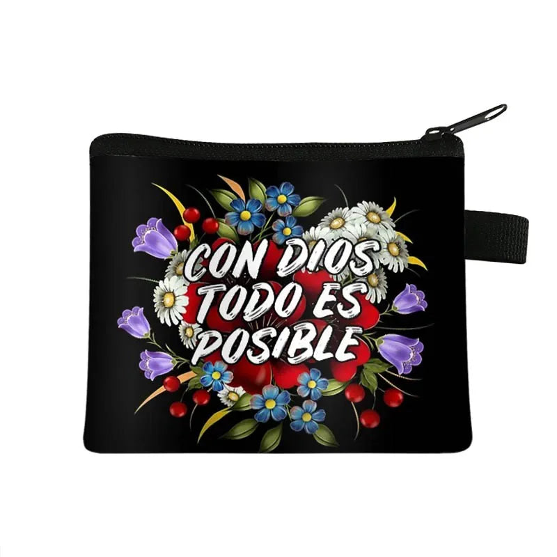 Christian Gift Bible Verse Wallet  Women Coin Purse Con Dios Todo Es Posible Money Bag Small Handbag Floral Purses