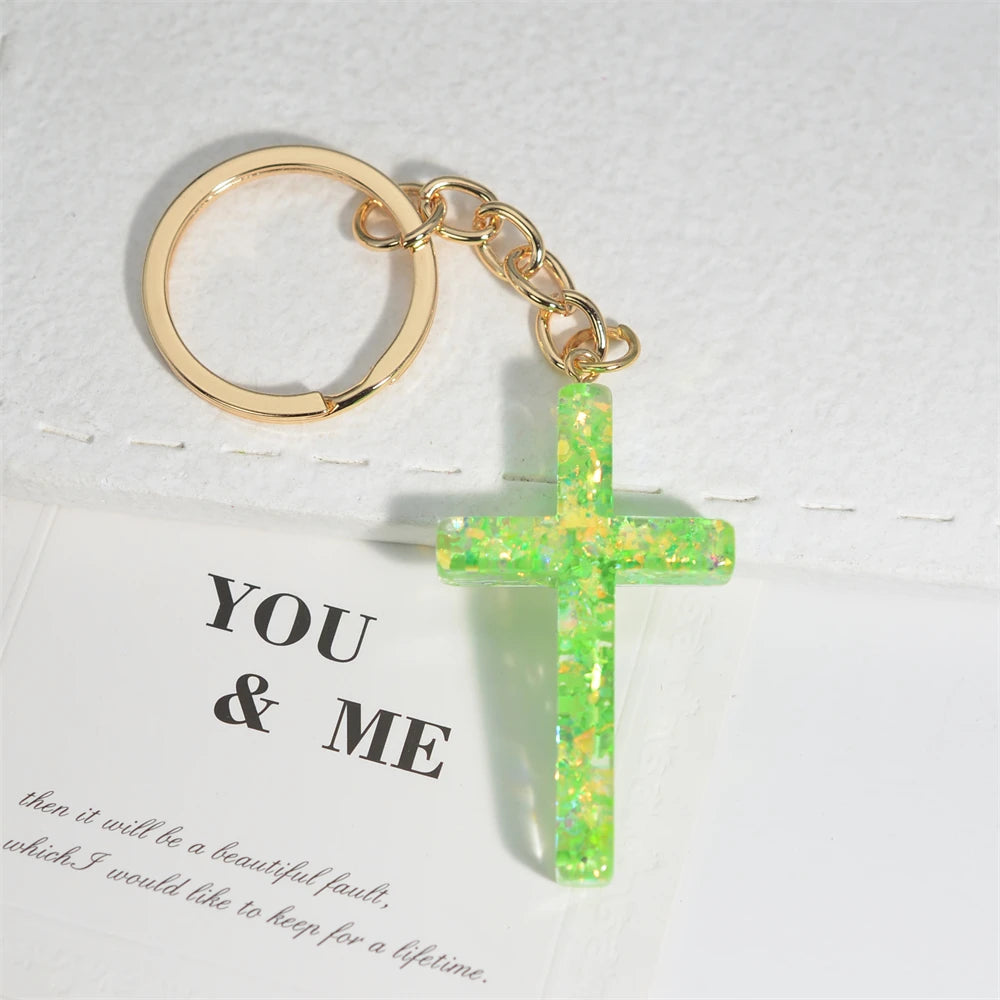 Colorful Sequin Filled Resin Cross Keychain Exquisite Butterfly Pendant Keyring for Women Handbag Accessories Christianity Gift