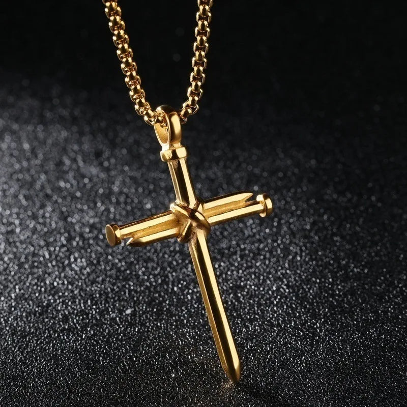 Mens Jewellery Black Stainless Steel Necklace Men Nail Cross Pendant Chain Necklace Christian Church Accessories Collar