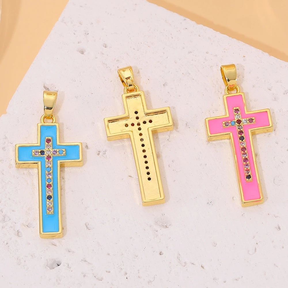 18K Real Gold Plated Enamel Cubic Zirconia Christian Cross Charms For DIY Religious Christmas Pendant Rosary Jewelry Making