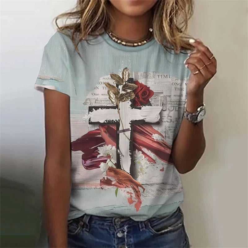 Fashion Jesus Cross Pattern Women T-shirt Trend Summer Short Sleeve 3D Printed Christian T Shirt Casual Streetwear Oversized Tee