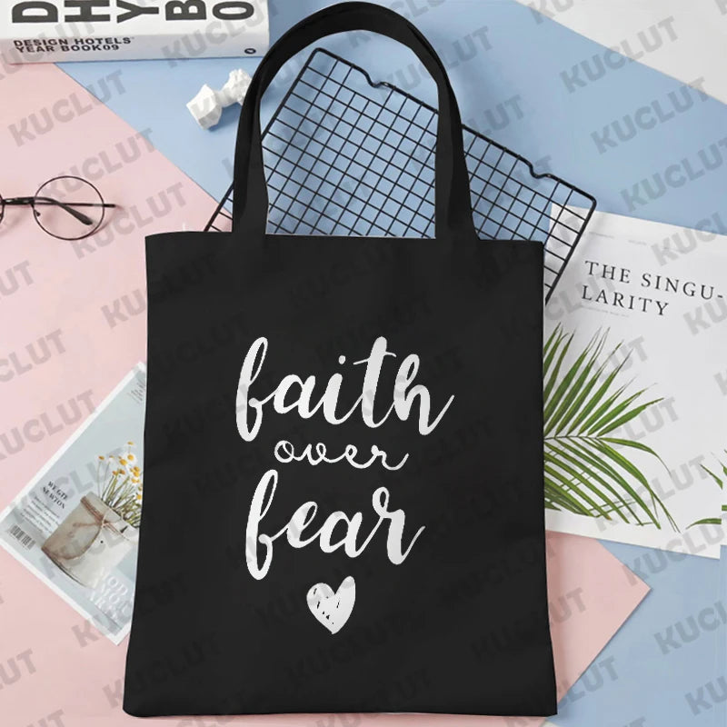 Faith Print Shopping Bag Tote Handbag Shopper Recycle Bag Reusable Tote Jesus Fashion Casual Handbag Purse Travel Beach Totes