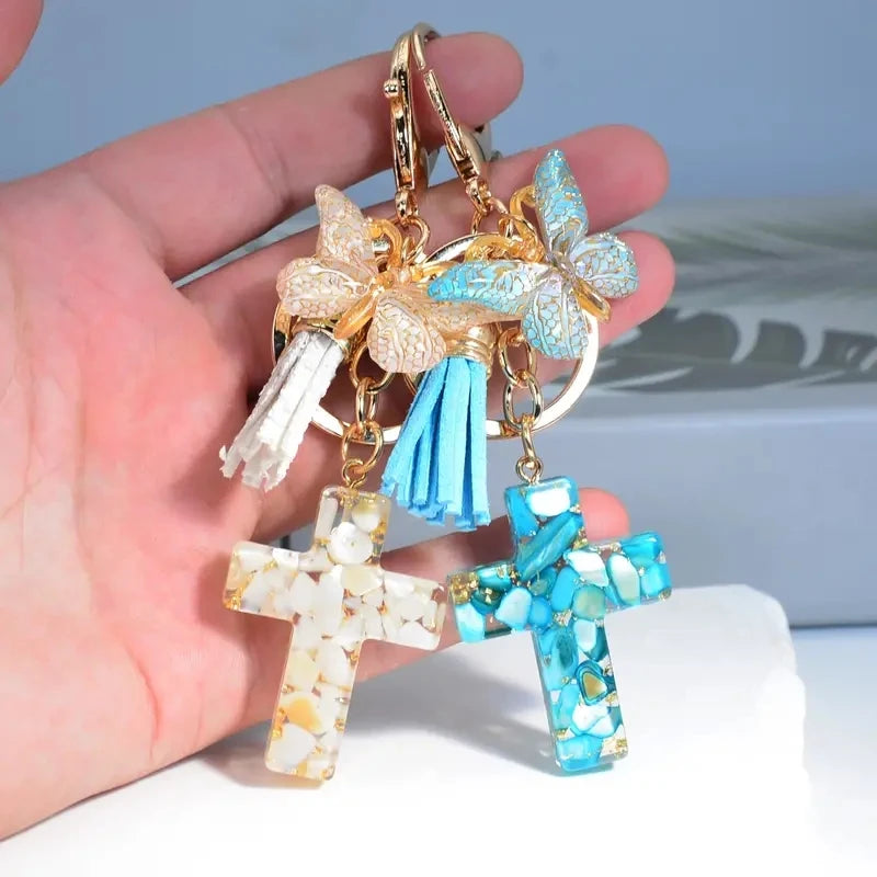 Cross Butterfly Keychain Christian Cute Resin Key Chain Ring Purse Bag Backpack Charm Car Ornament Earbud Case Accessories Gift