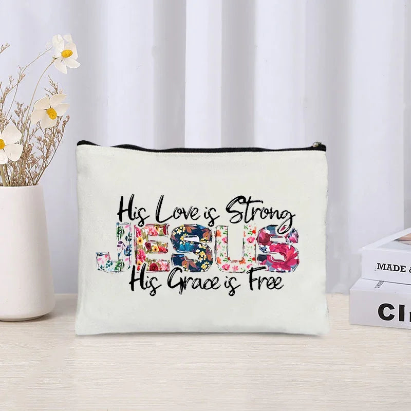 Love Jesus Pattern Zipper Makeup Bag Christianity Catholicism Cosmetic Cases Faith in Jesus Christ Travel Lipstick Pouch Gifts