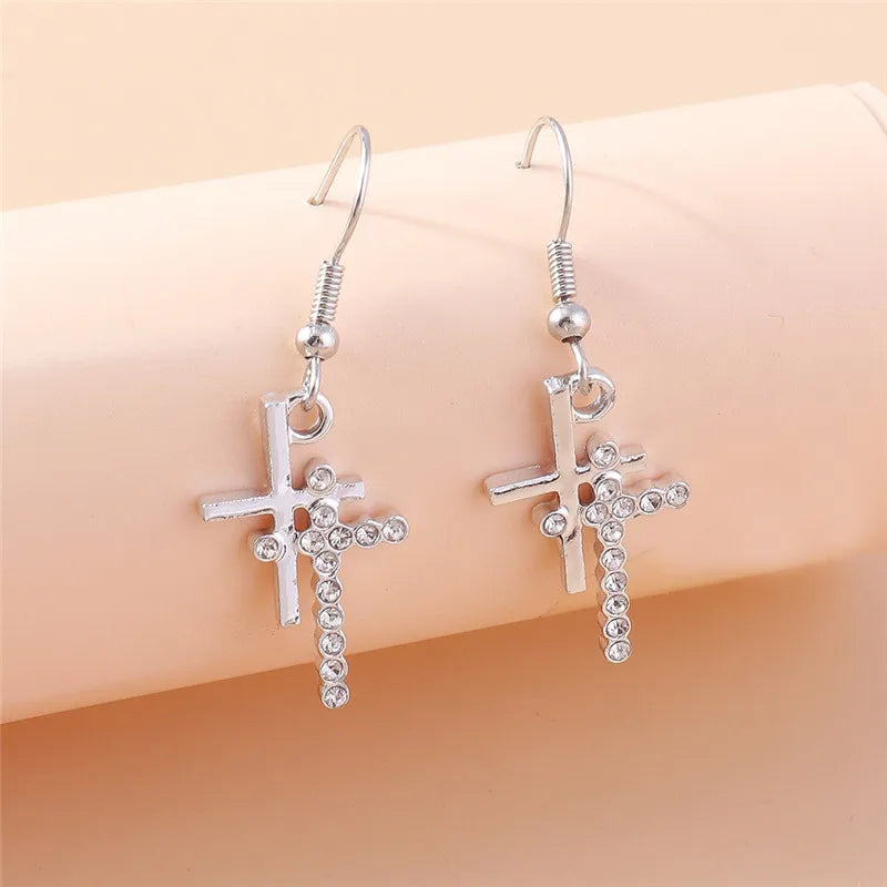 Fashion Zircon Crystal Cross Earrings for Women Men Gothic Punk Hip Hop Jesus Crucifix Dangle Earring Christian Party Jewelry