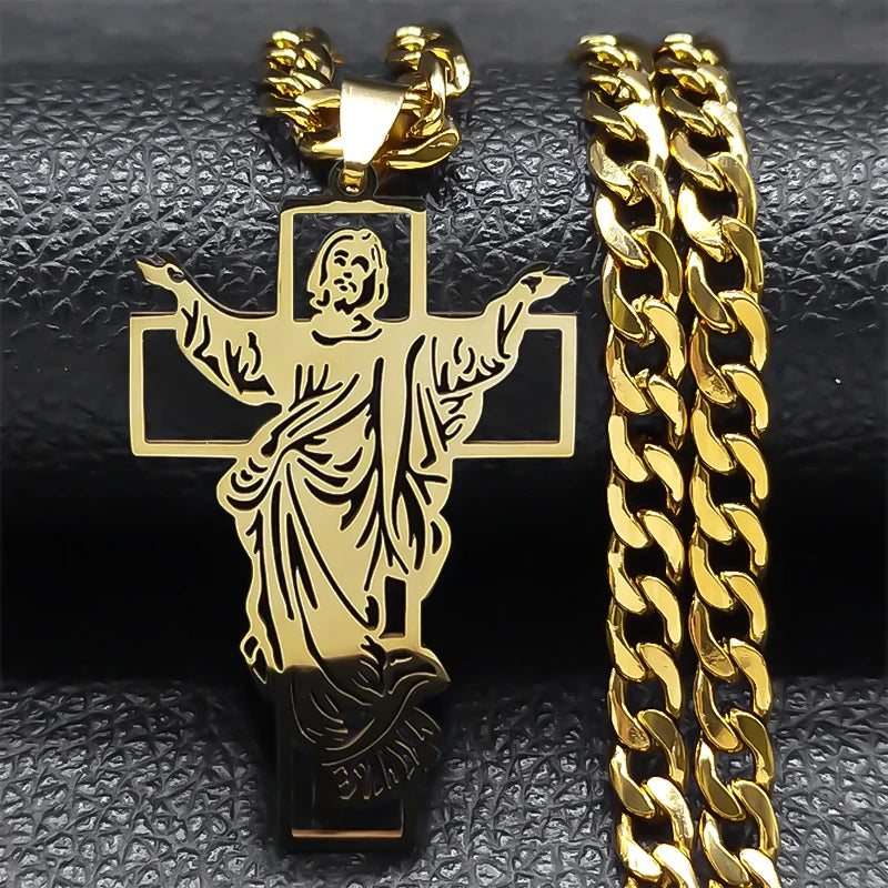 Crown of Thorns Jesus Mary Cross Necklace for Men Stainless Steel Gold Plated Crucifix Pendant Necklaces Jewelry