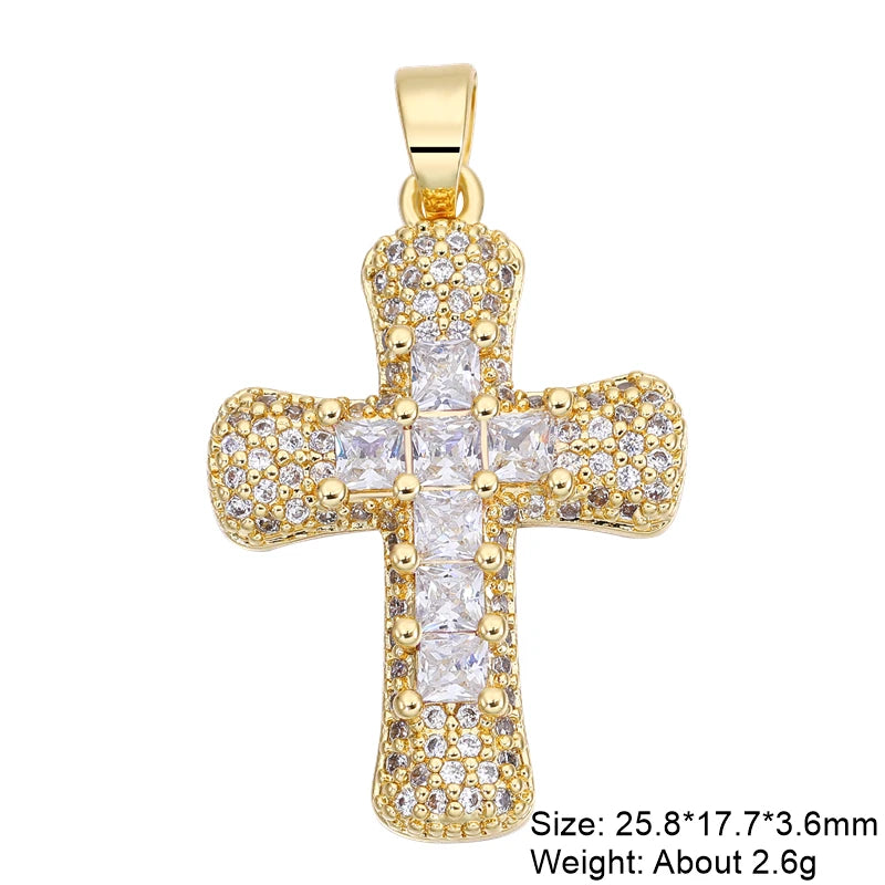 18K Real Gold Plated Enamel Cubic Zirconia Christian Cross Charms For DIY Religious Christmas Pendant Rosary Jewelry Making