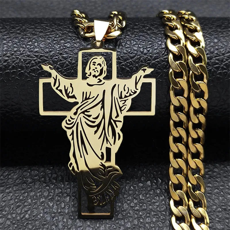 Crown of Thorns Jesus Cross Necklace for Men Stainless Steel Gold Plated Crucifix Pendant Necklaces Jewelry N8052
