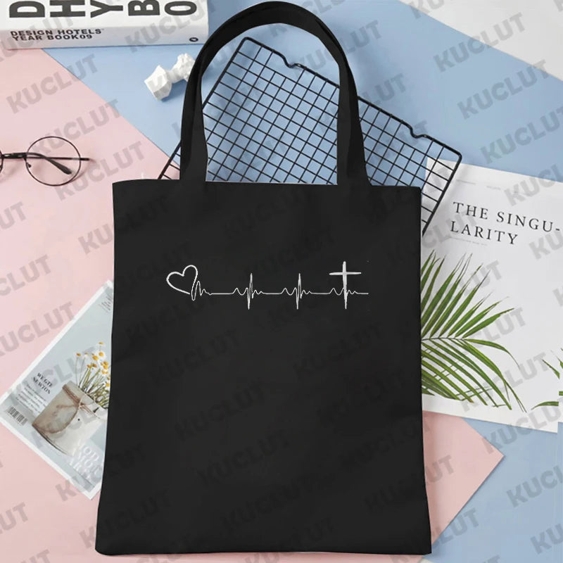 Faith Print Shopping Bag Tote Handbag Shopper Recycle Bag Reusable Tote Jesus Fashion Casual Handbag Purse Travel Beach Totes