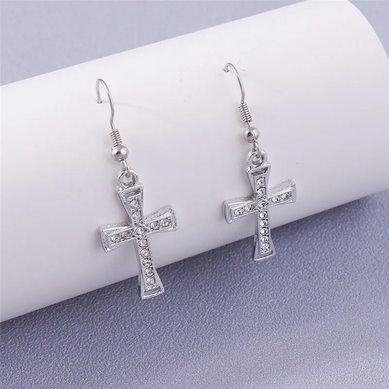 Fashion Zircon Crystal Cross Earrings for Women Men Gothic Punk Hip Hop Jesus Crucifix Dangle Earring Christian Party Jewelry