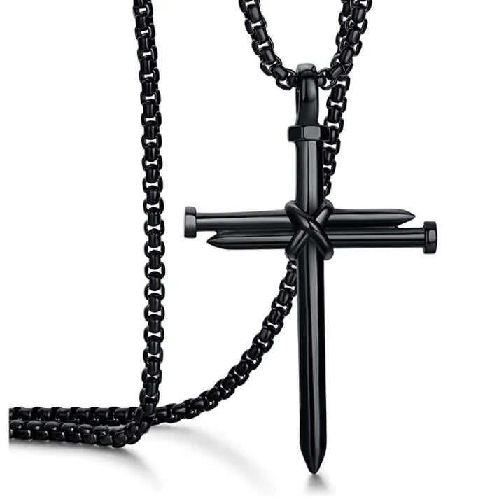 Mens Jewellery Black Stainless Steel Necklace Men Nail Cross Pendant Chain Necklace Christian Church Accessories Collar